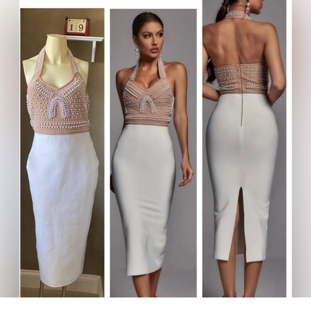 Beaded Halter Midi Dress in Blush and White